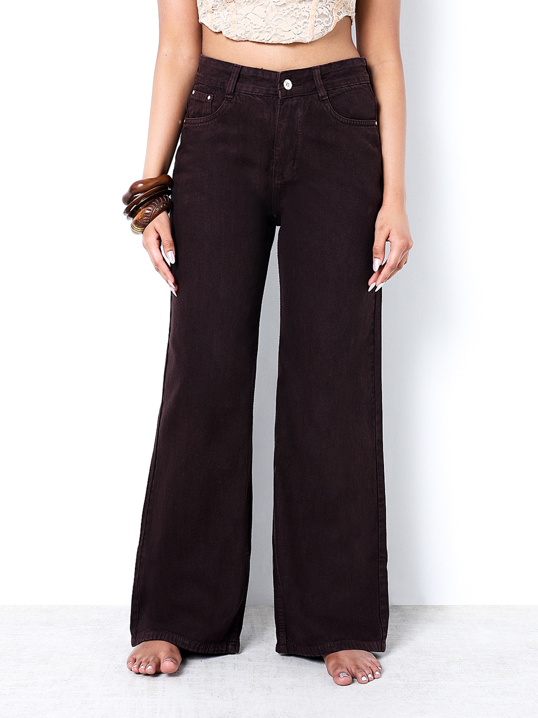 

ZUYA Women Comfort Wide Leg High-Rise Low Distress Jeans, Brown