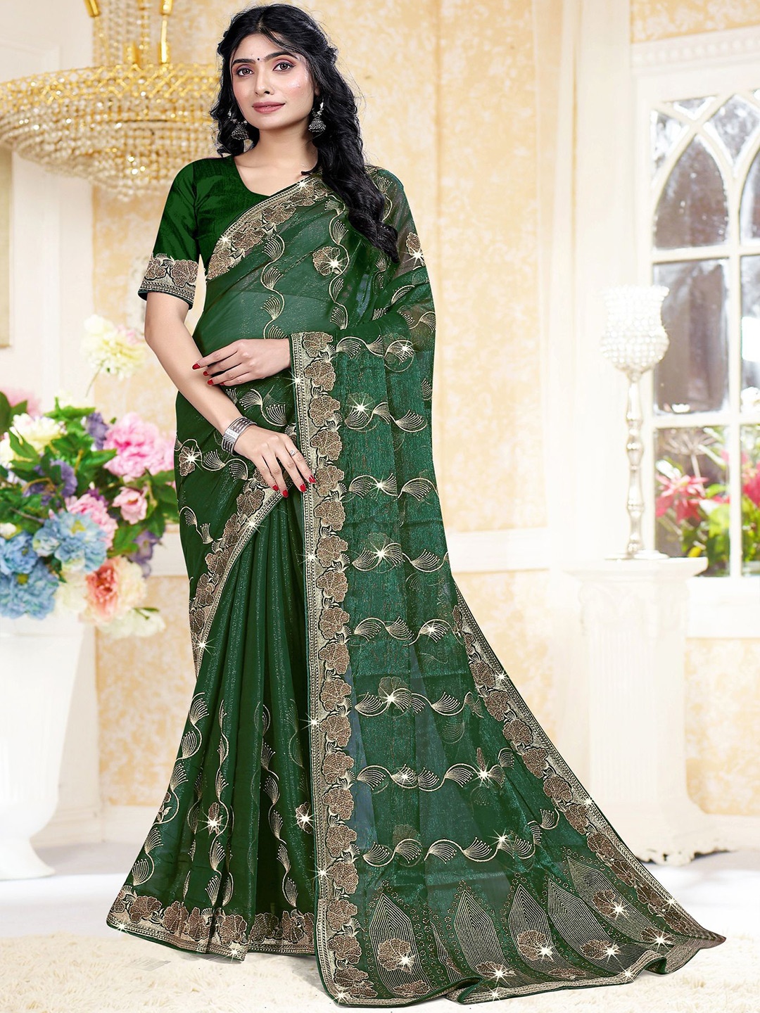 

ANJANI TEXTILE Ethnic Motifs Beads and Stones Tissue Heavy Work Saree, Green