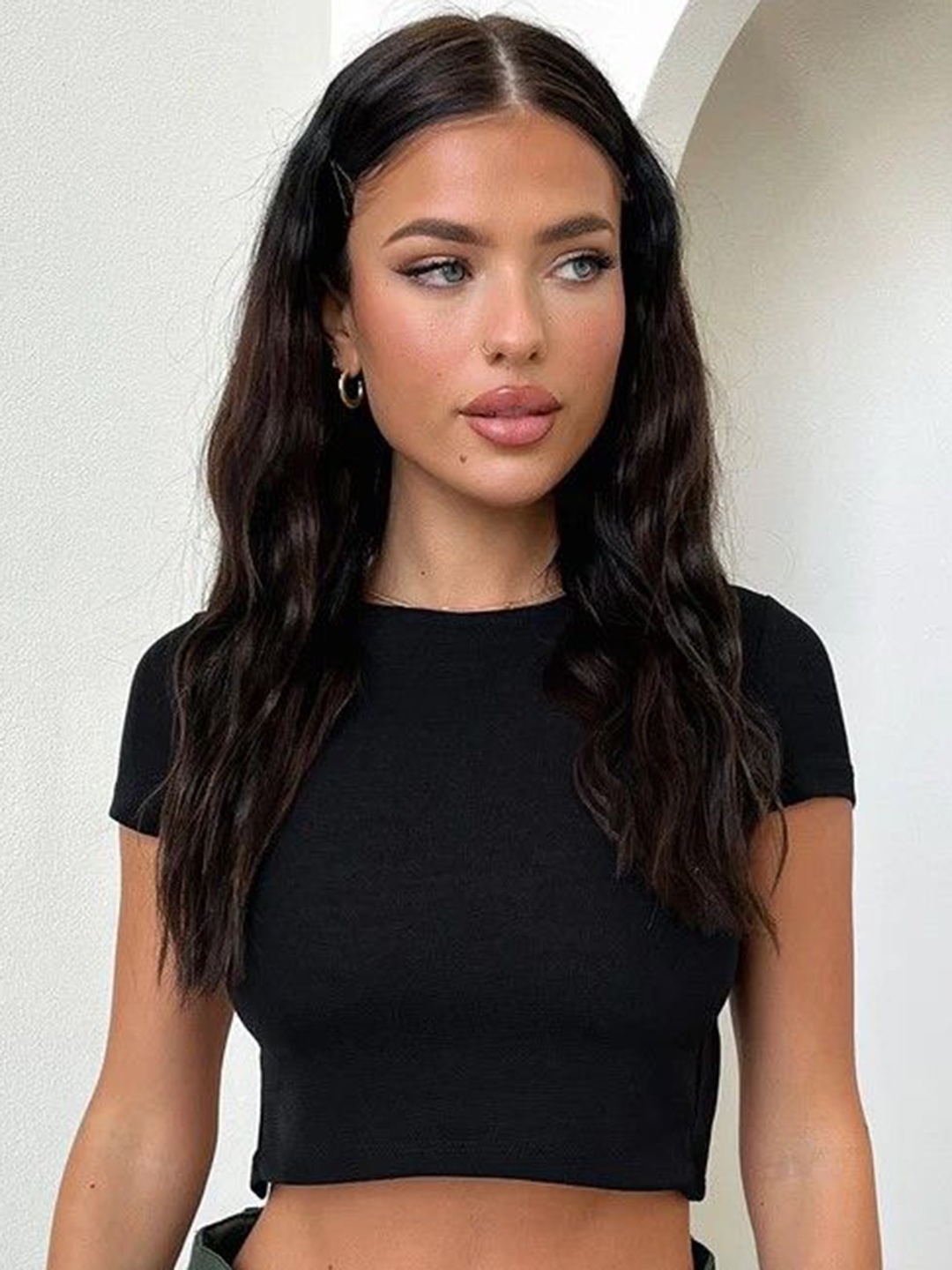 

CORSICA Women Cotton Solid Short Sleeves Crop Top, Black
