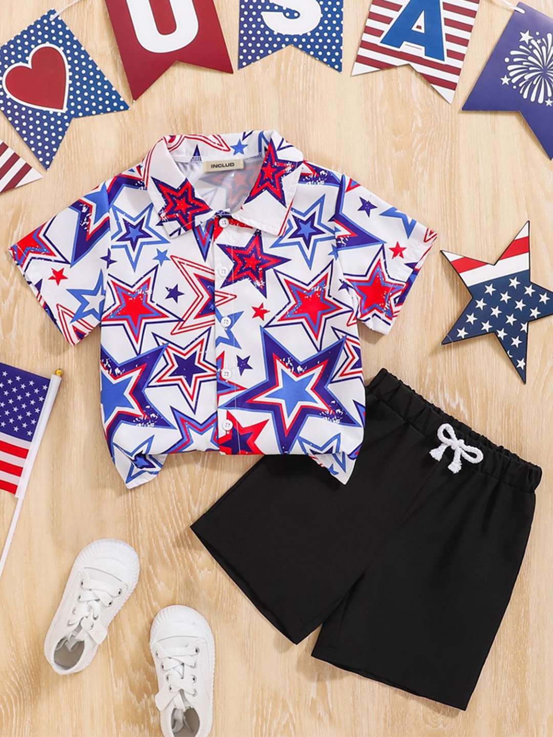 

INCLUD Boys Shirt Collar Short Sleeve Star Print Shirt With Shorts, White