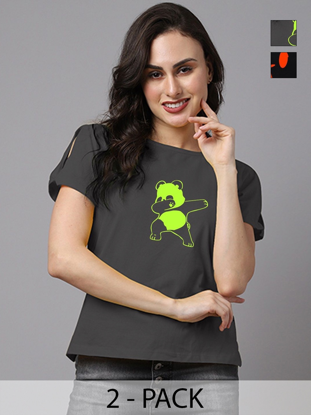 

Friskers Women Pack Of 2 Graphic Printed Round Neck Cotton T-shirts, Black