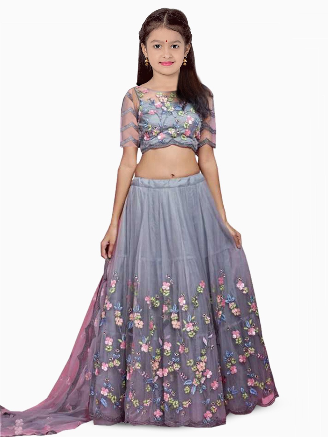 

BAESD Girls Embroidered Semi-Stitched Lehenga & Unstitched Blouse With Dupatta, Grey