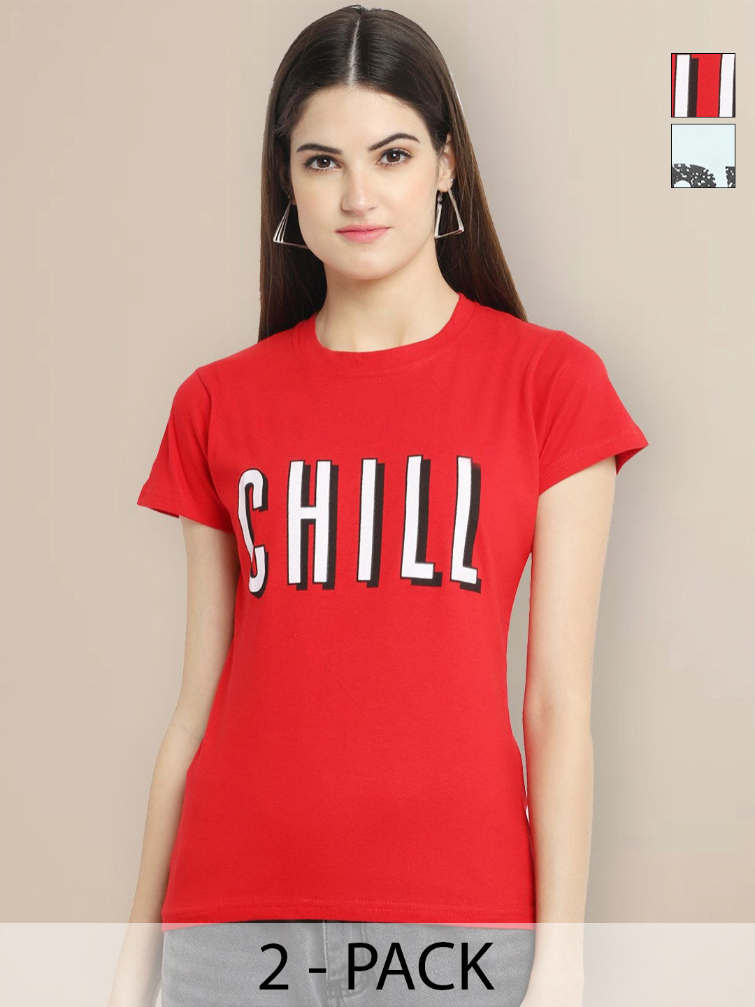 

GLOBAL NOMAD Pack Of 2 Typography Printed Round Neck Short Sleeves Cotton T-shirt, Red