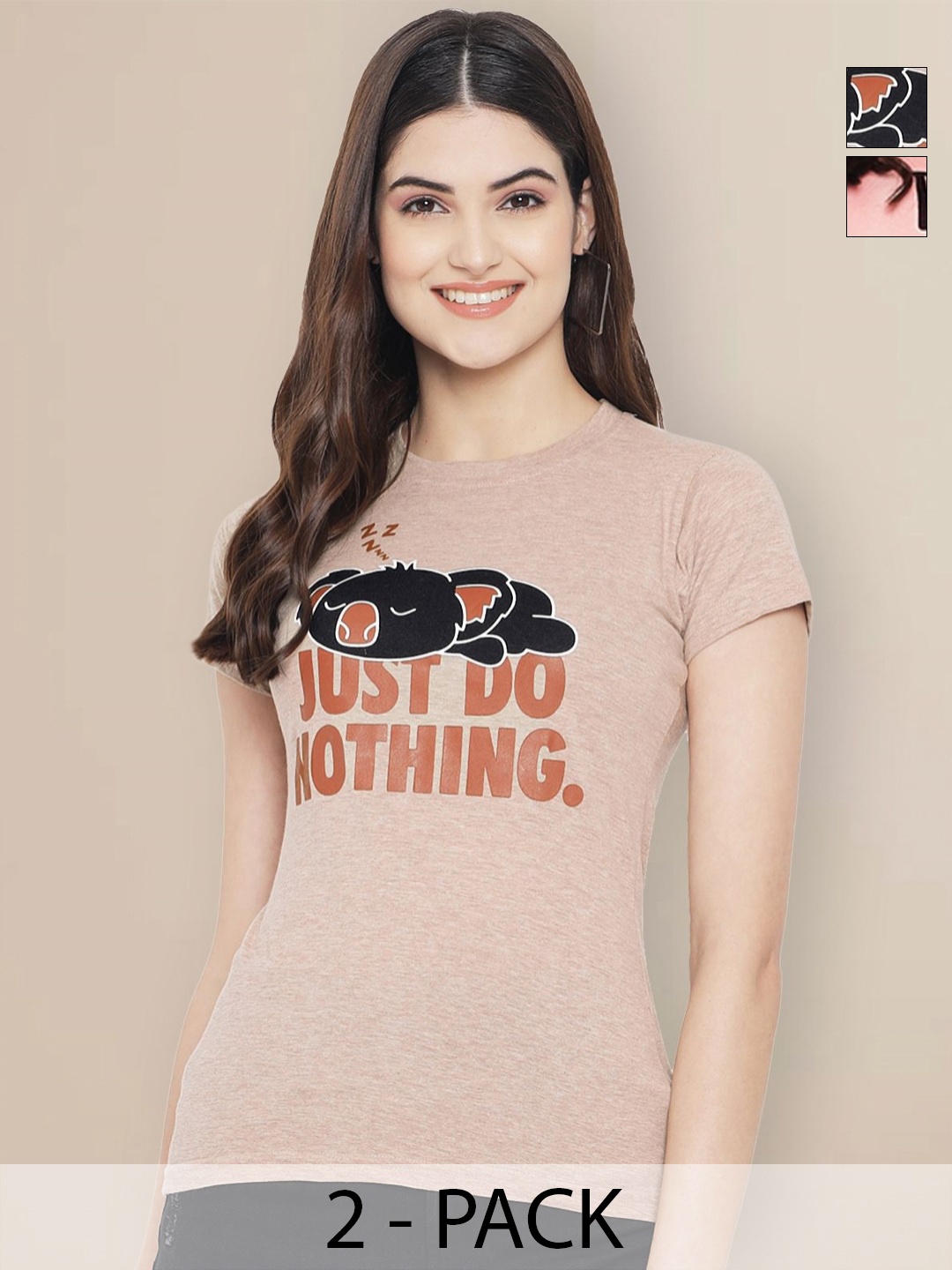 

GLOBAL NOMAD Women Pack of 2 Typography Printed Round Neck Cotton T-shirts, Beige