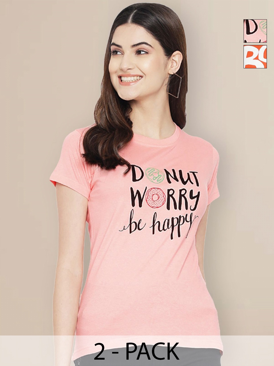 

GLOBAL NOMAD Women Pack of 2 Typography Printed Round Neck Cotton T-shirts, Peach