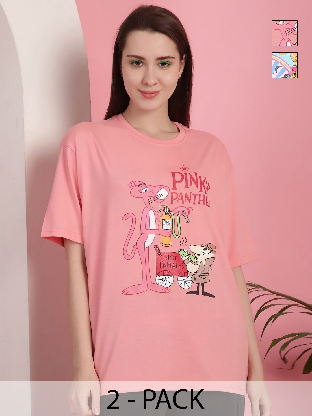 

GLOBAL NOMAD Women Pack Of 2 Graphic Printed Round Neck Cotton Oversized T-shirts, Pink