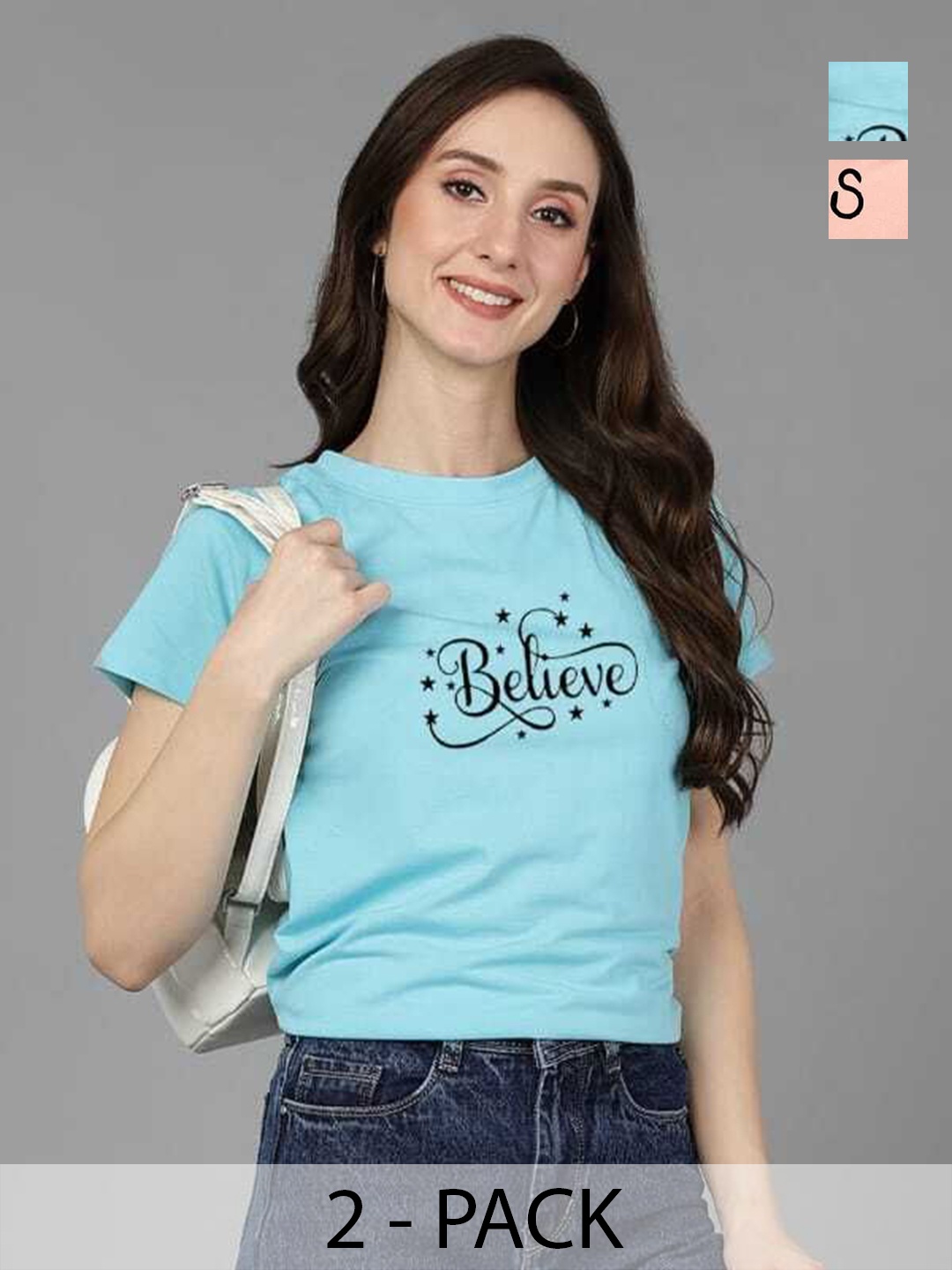 

Adyavastram Women Pack Of 2 Typography Printed Round Neck Cotton T-shirts, Blue