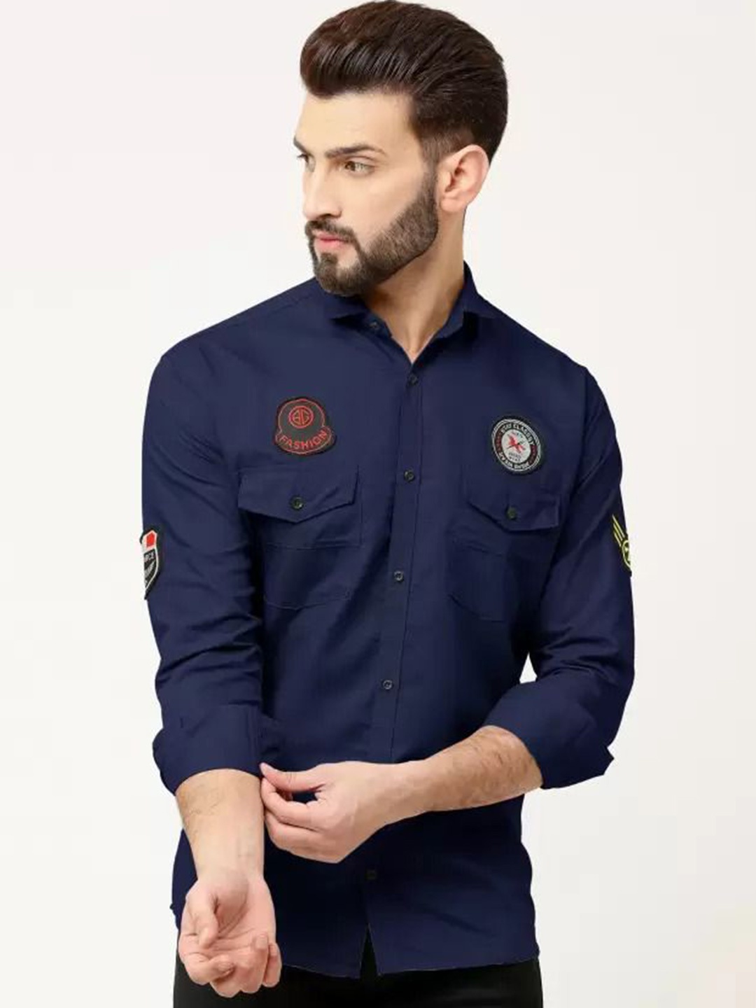 

GREENFLAIR Men Classic Fit Spread Collar Solid Casual Shirt, Navy blue