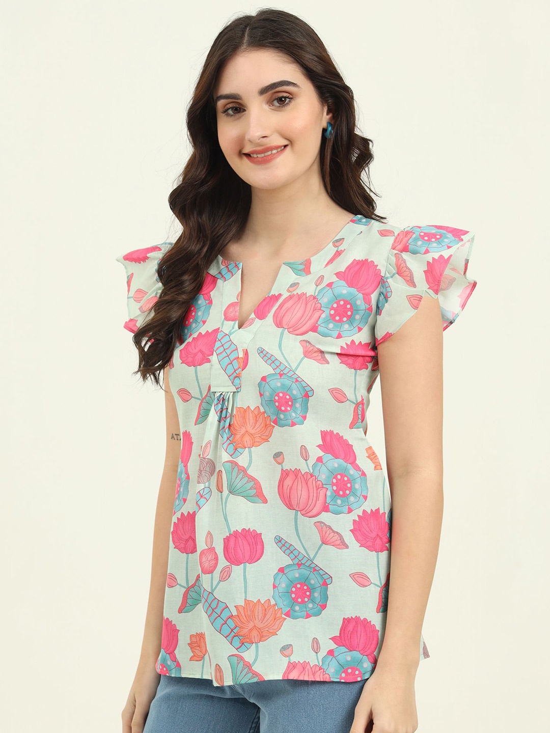 

REVOSAA Women Floral Printed Flutter Sleeve Top, Green