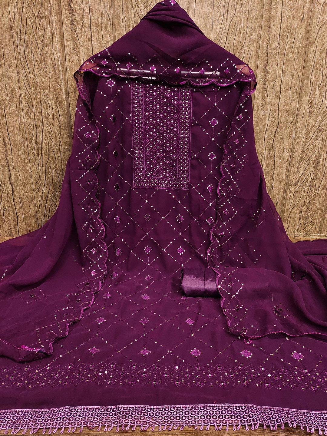 

SHADOW & SAINING Floral Sequinned Silk Georgette Unstitched Dress Material, Purple