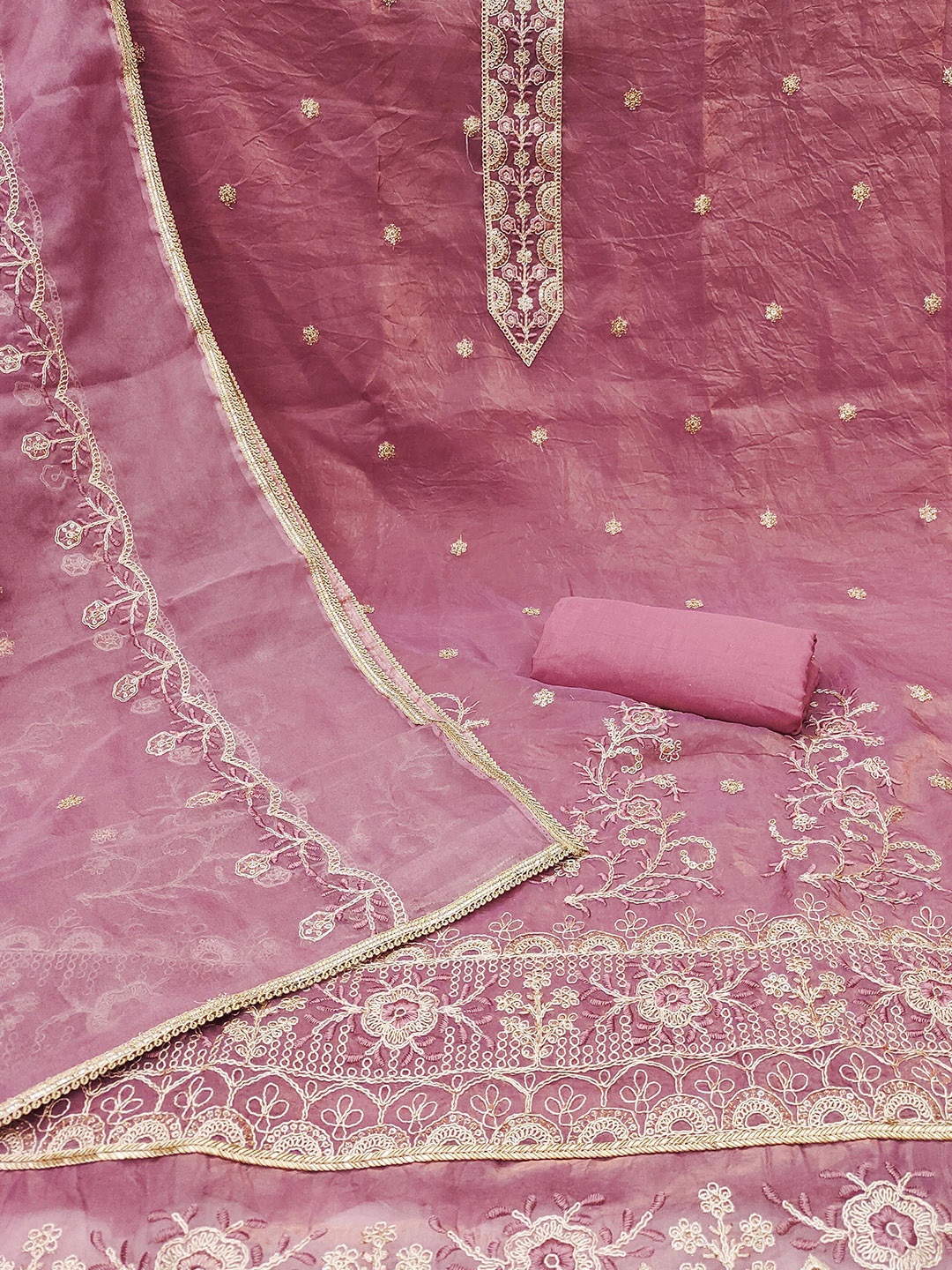 

SHADOW & SAINING Embroidered Pure Silk Semi-Stitched Dress Material, Pink