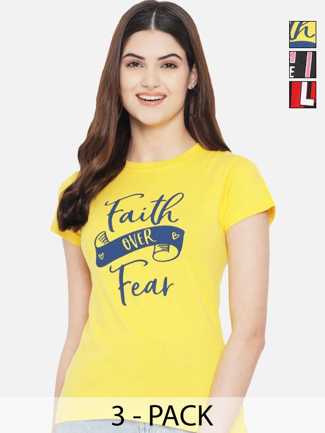 

Dreambe Pack Of 3 Typography Printed Cotton T-shirt, Yellow