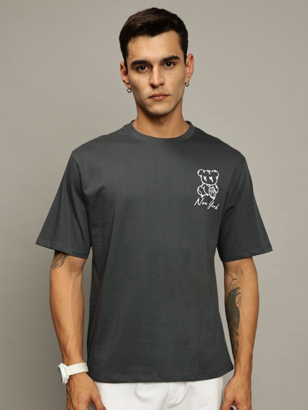 

MORSE CODE Men Graphic Printed Cotton T-shirt, Grey