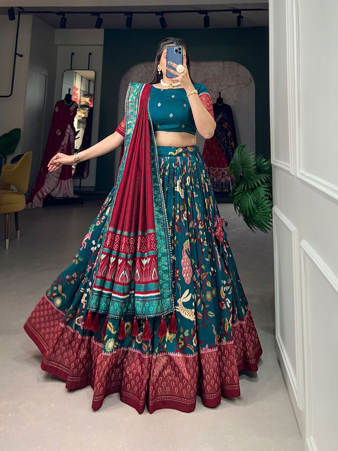 

RADHVI BIZ Printed Ready to Wear Lehenga & Semi-Stitched Blouse With Dupatta, Teal