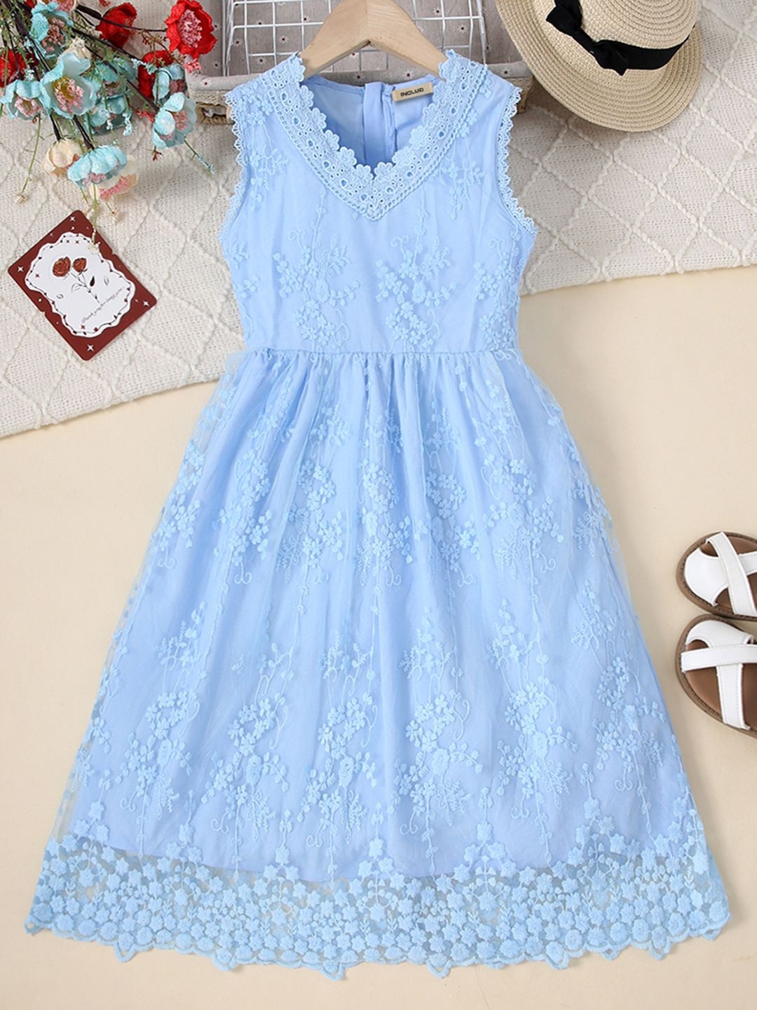 

INCLUD Girls Floral Embroidered V-Neck Fit & Flare Midi Dress, Blue