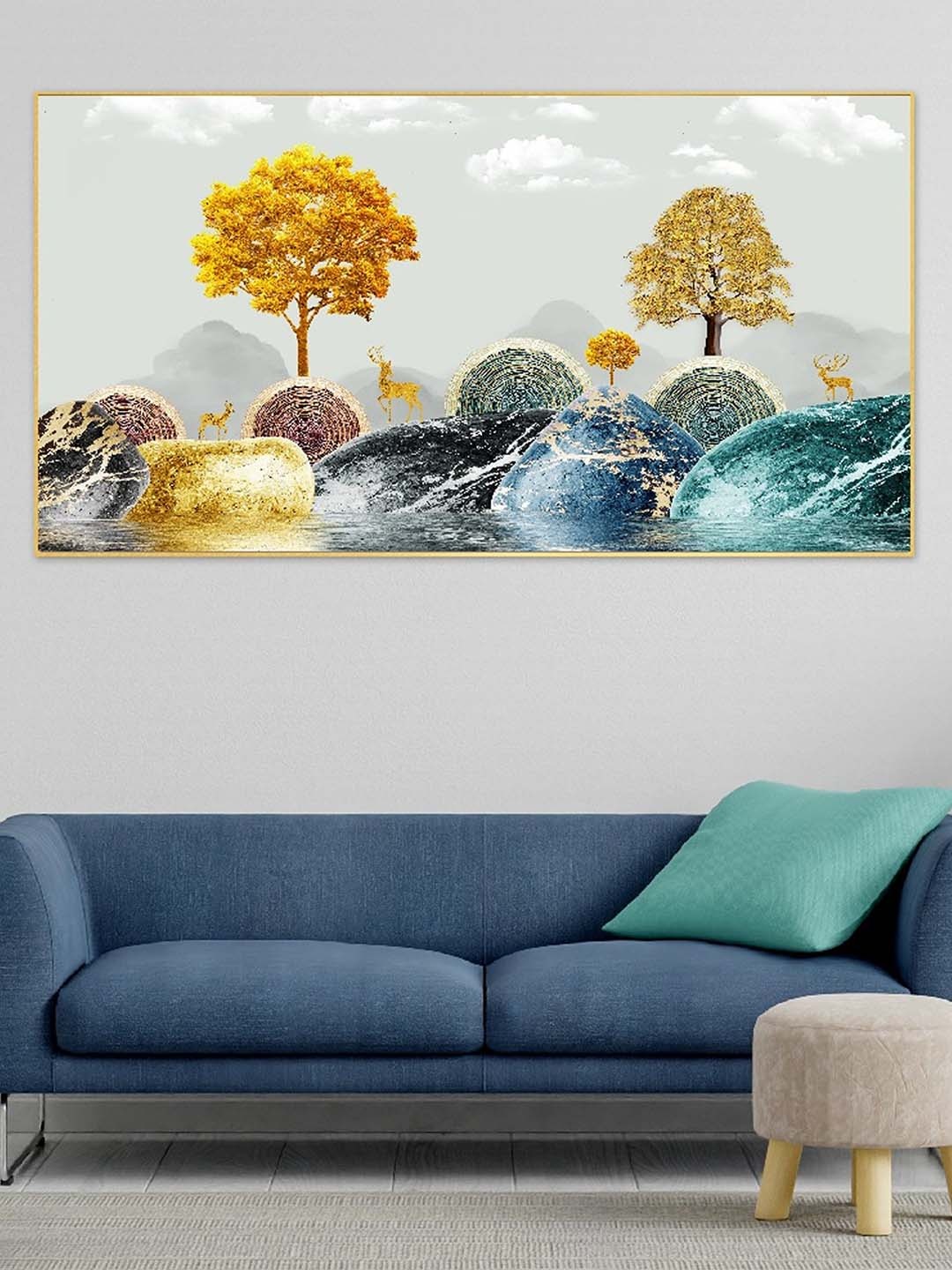 

DEKORSTATION Yellow & Blue Painting Wall Art, Gold