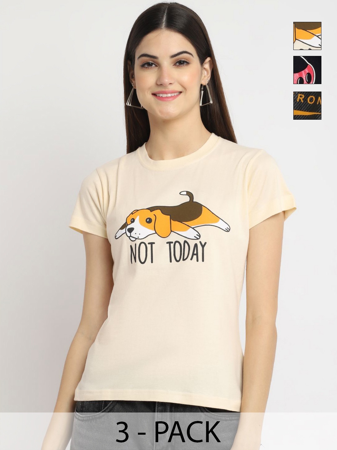 

Dreambe Women Pack of 3 Mickey Mouse Typography Printed Round Neck Cotton T-shirts, Peach