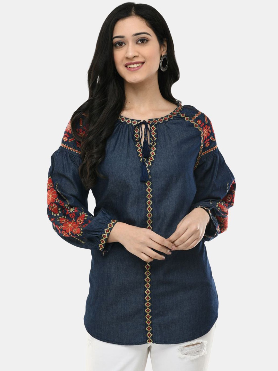 

VAAMII Women Embroidered Tie-Up Neck Puff Sleeve Denim Top, Blue
