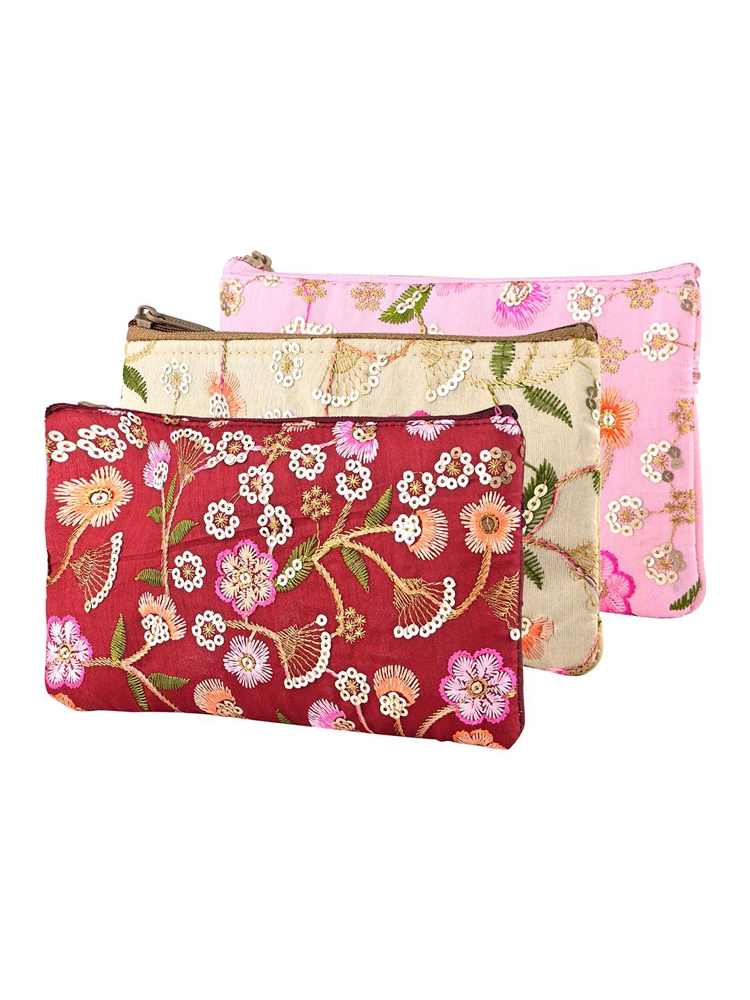 

Kuber Industries 3 Pcs Polyester Traditional Ladies Hand Purse with Zip Embroidered Clutch, Cream