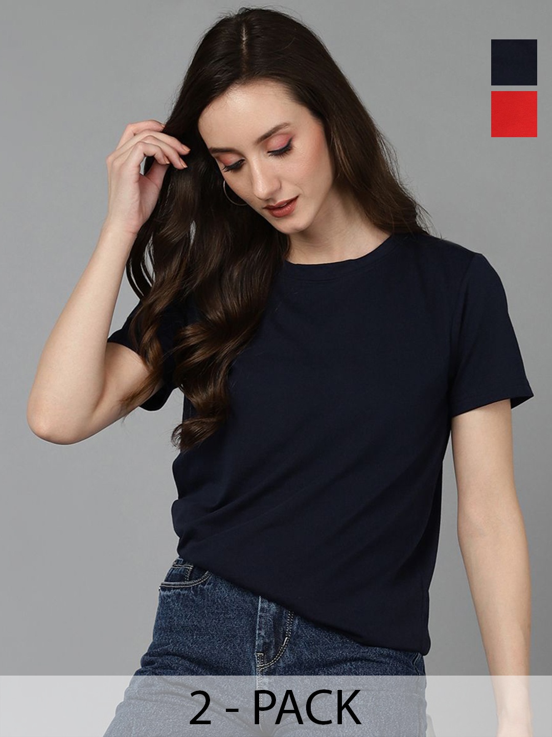 

Adyavastram Women Pack Of 2 Solid Round Neck Cotton T-shirts, Navy blue