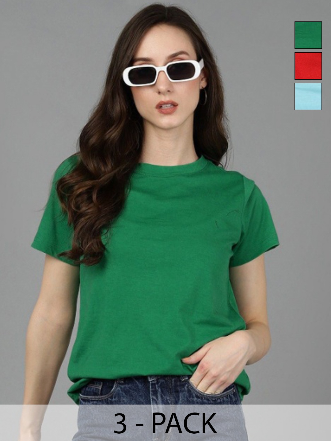

Adyavastram Pack Of 3 Women Solid Cotton T-shirt, Green