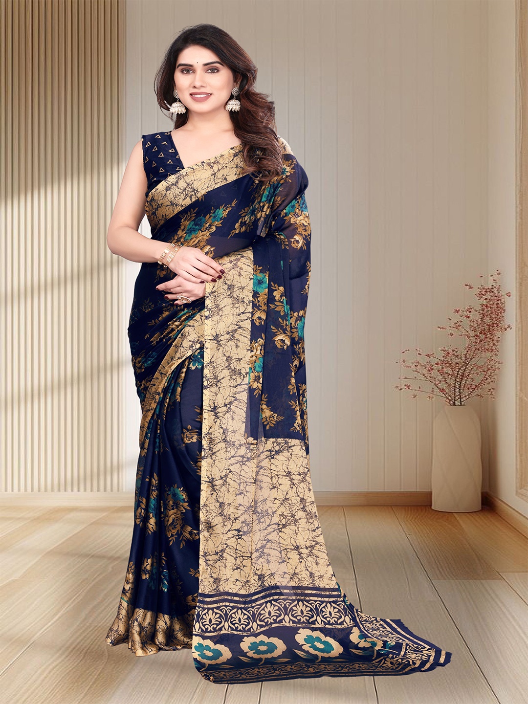 

SUPERLAXMI Floral Print Pure Chiffon Saree, Navy blue
