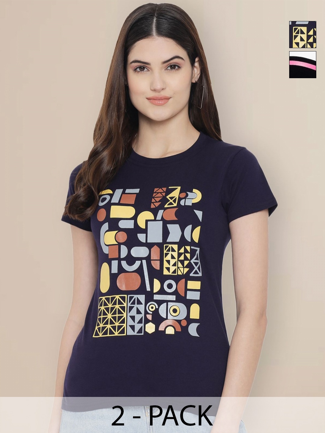 

GLOBAL NOMAD Women Pack of 2 Geometric Printed Round Neck Cotton T-shirts, Navy blue