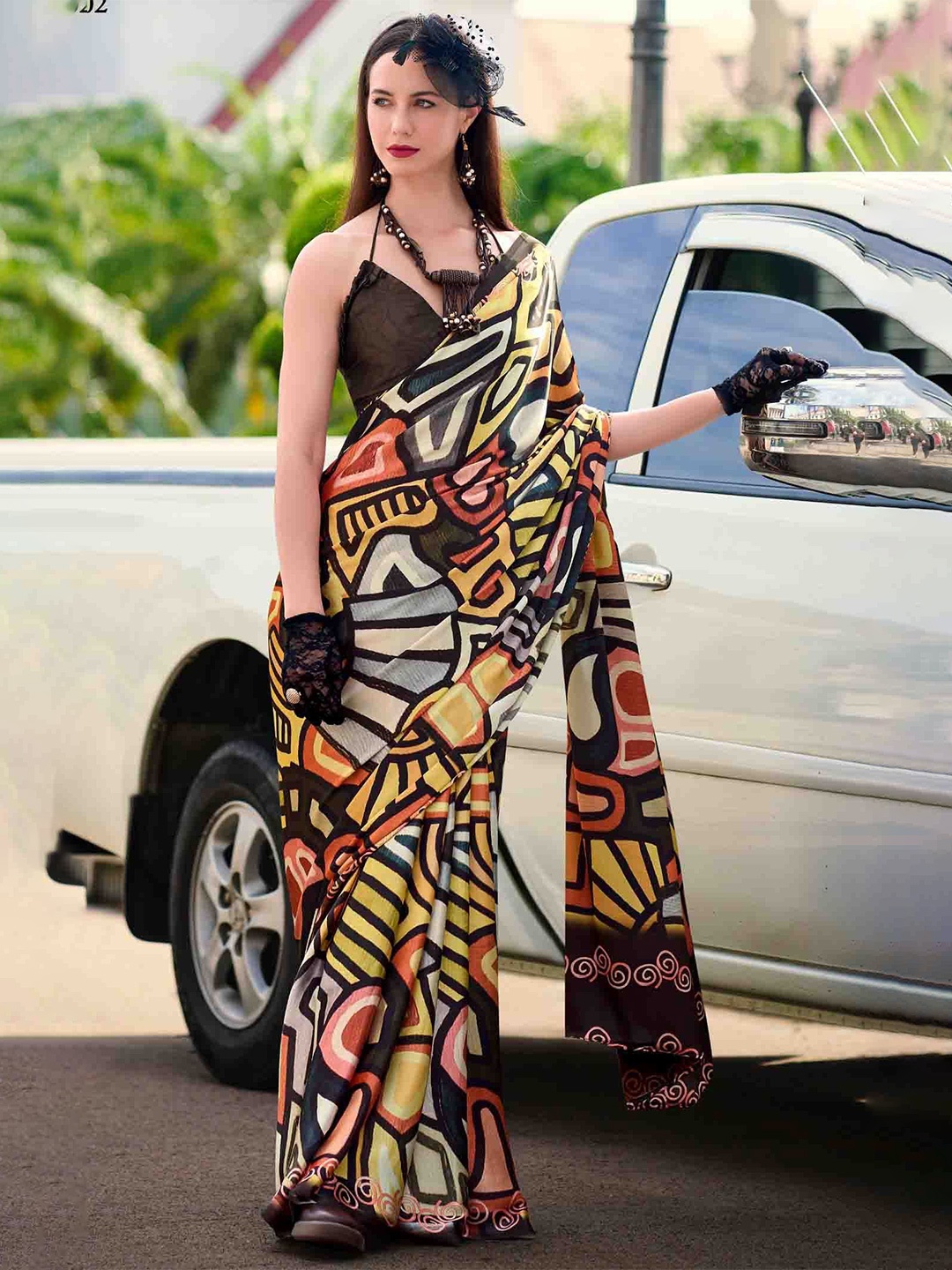 

Blissta Floral Satin Saree, Yellow