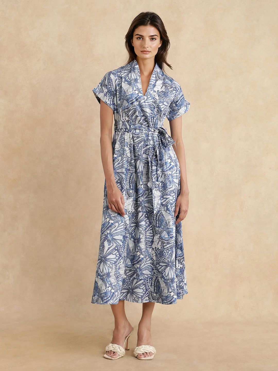 

RAREISM BHARNAJ PRIMARY BLUE Women Conversational Print A-Line Midi Dress With Belt, White