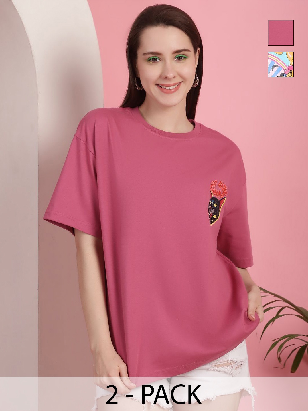 

GLOBAL NOMAD Women Pack Of 2 Graphic Printed Round Neck Cotton Oversized T-shirts, Pink