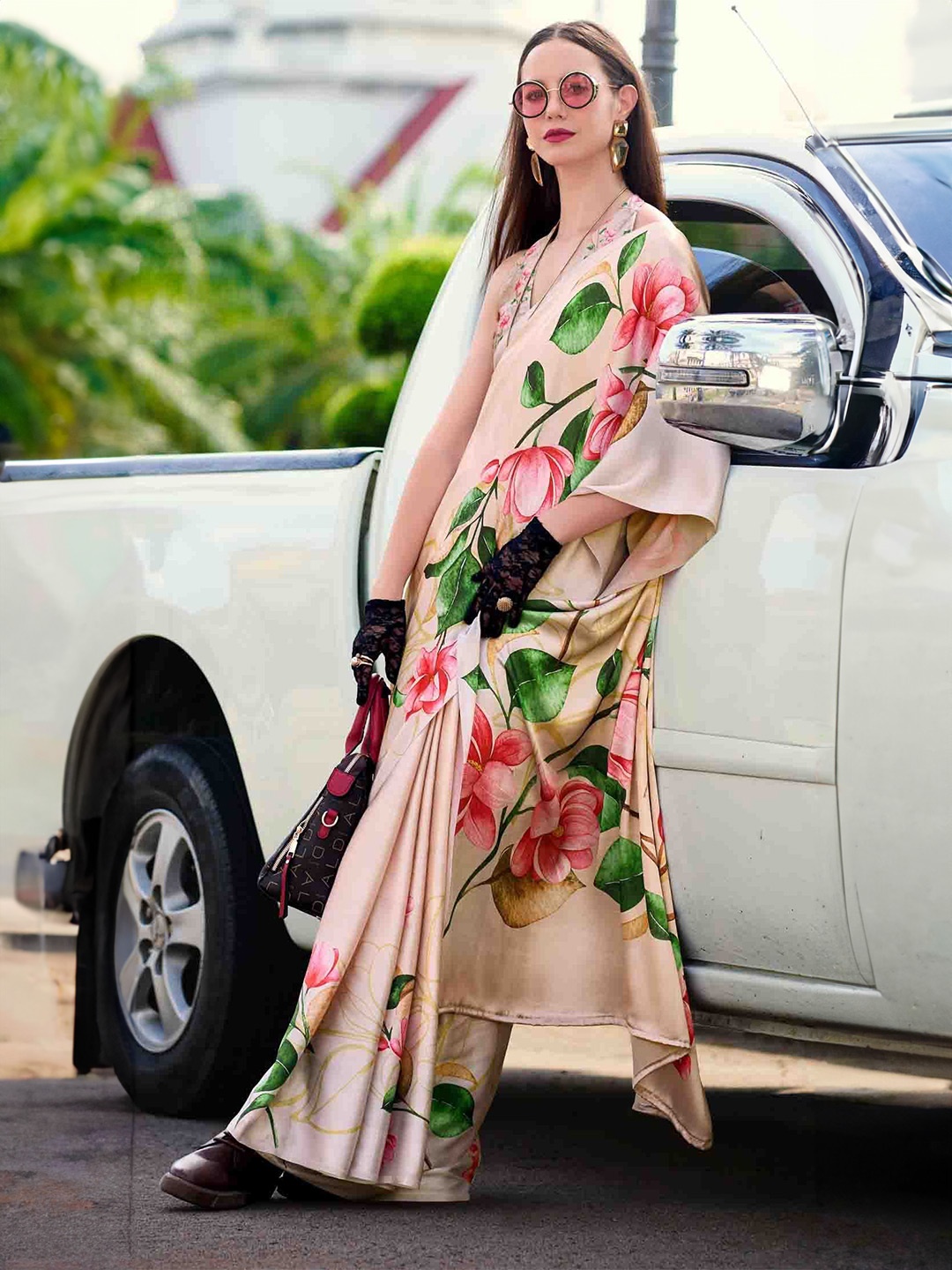 

KIMISHA Floral Satin Saree, Beige