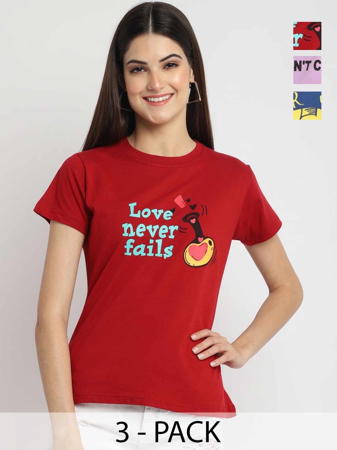

Dreambe Women Pack of 3 Graphic Printed Round Neck Cotton T-shirts, Red