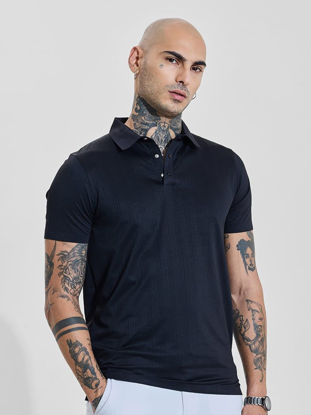 

Snitch Men Self Design Polo Collar Slim Fit T-shirt, Black
