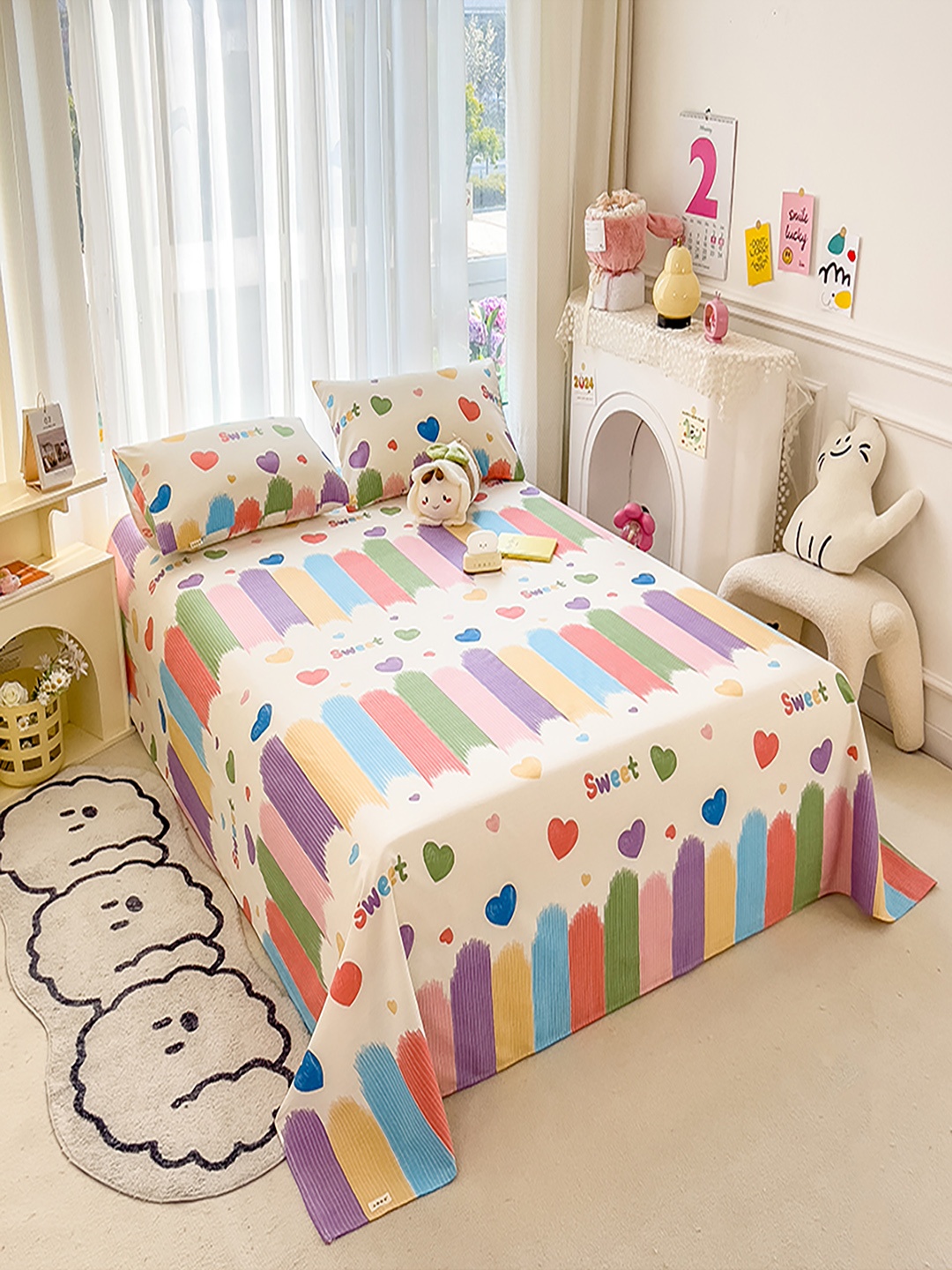 

JC HOME Off White & Purple Ethnic Motifs 140 TC King Bedsheet with 2 Pillow Covers