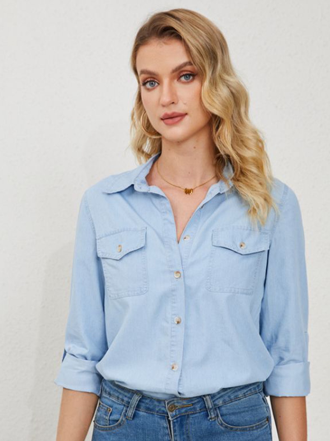 

StyleCast Women Regular Fit Spread Collar Solid Cotton Casual Shirt, Blue
