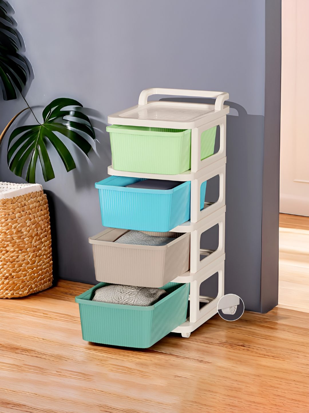 

Kuber Industries Cream-Colored Textured 4-Layer Storage Drawer Organizer with Wheels