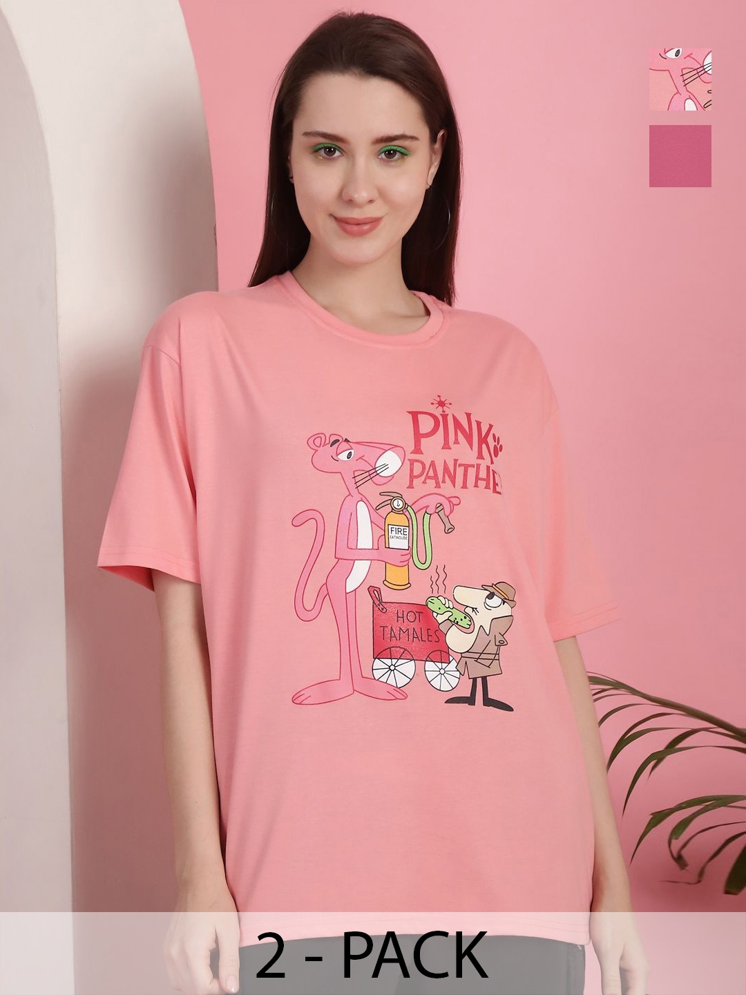 

GLOBAL NOMAD Women Pack Of 2 Graphic Printed Round Neck Cotton Oversized T-shirts, Peach