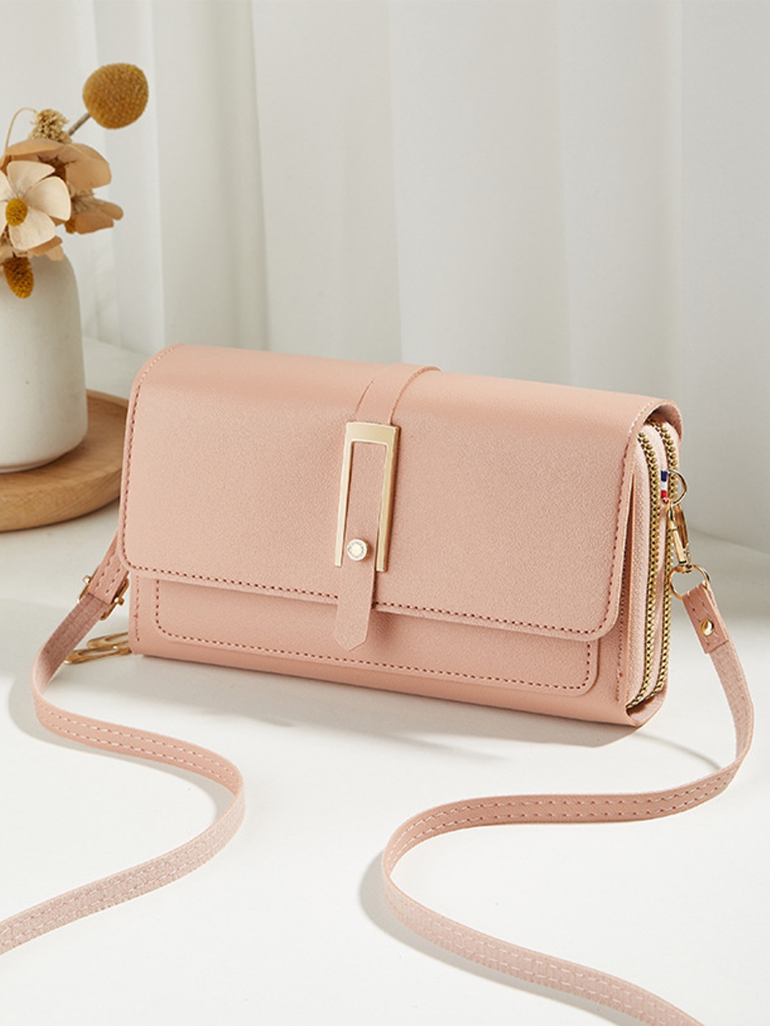 

VALERIE Solid Structured Sling Bag, Peach