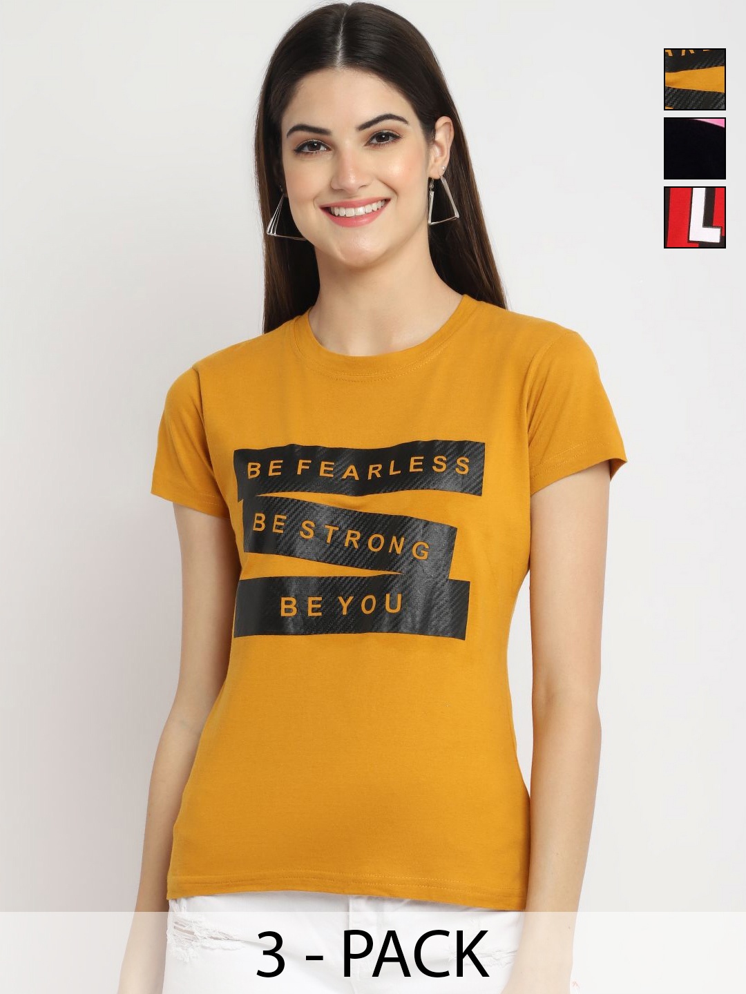 

Dreambe Pack of 3 Typography Printed Cotton Round Neck T-shirts, Yellow