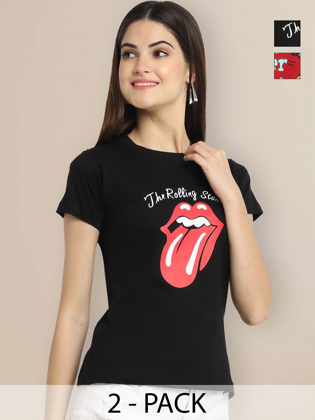 

GLOBAL NOMAD Women Pack of 2 Graphic Printed Round Neck Cotton T-shirts, Black