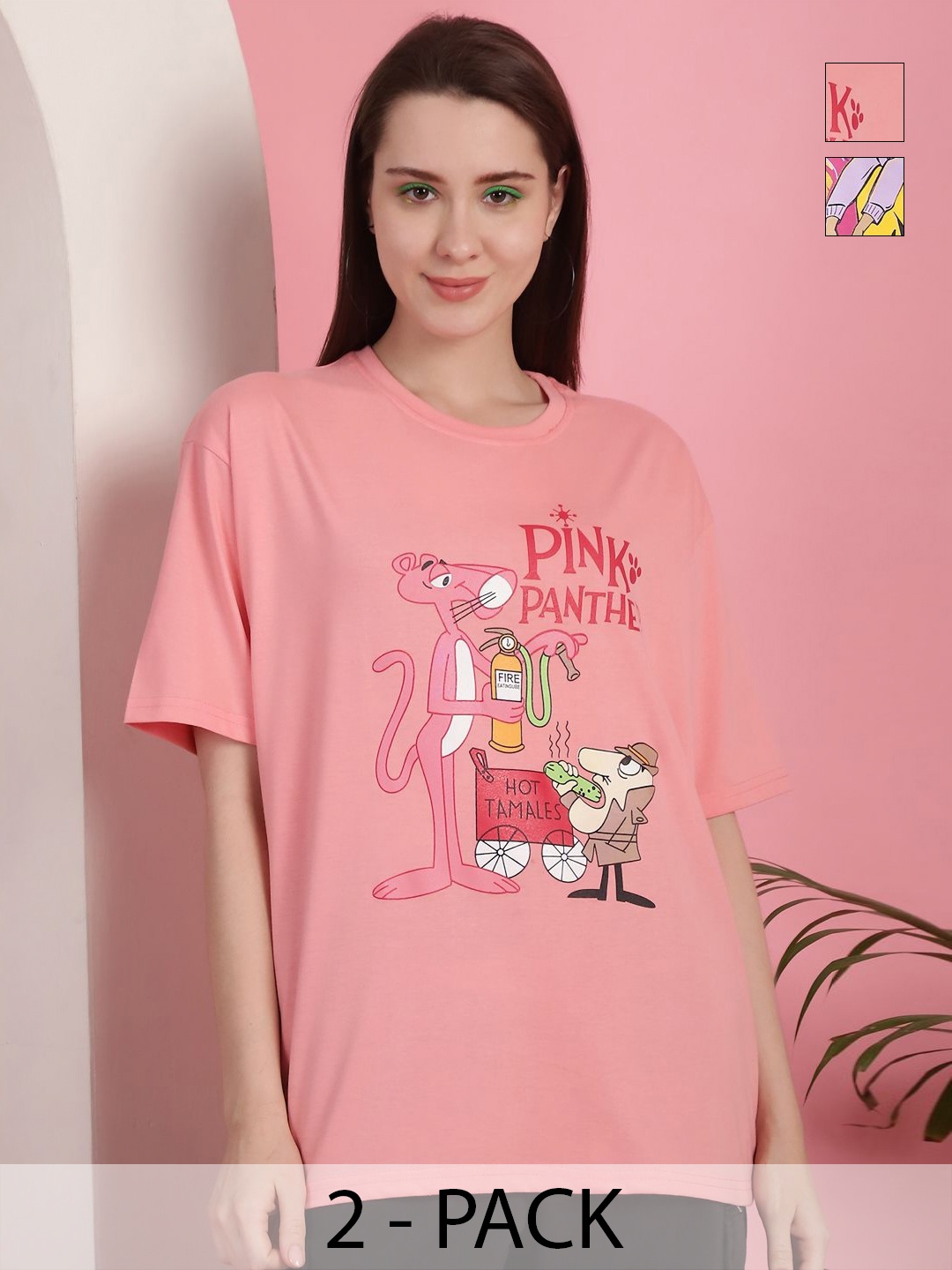 

GLOBAL NOMAD Women Pack Of 2 Graphic Printed Round Neck Cotton Oversized T-shirts, Peach
