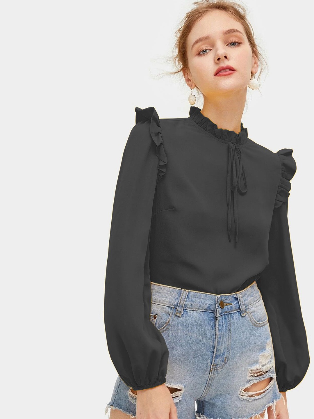 

Tishani Solid Black Tie-Up Neck Frills Detail Top