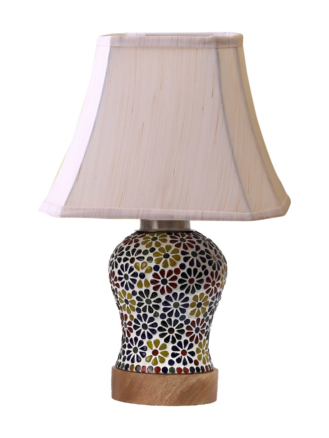 

Devansh Off White Frustum Shaped Wooden Table Lamp With Mosaic Glass Base