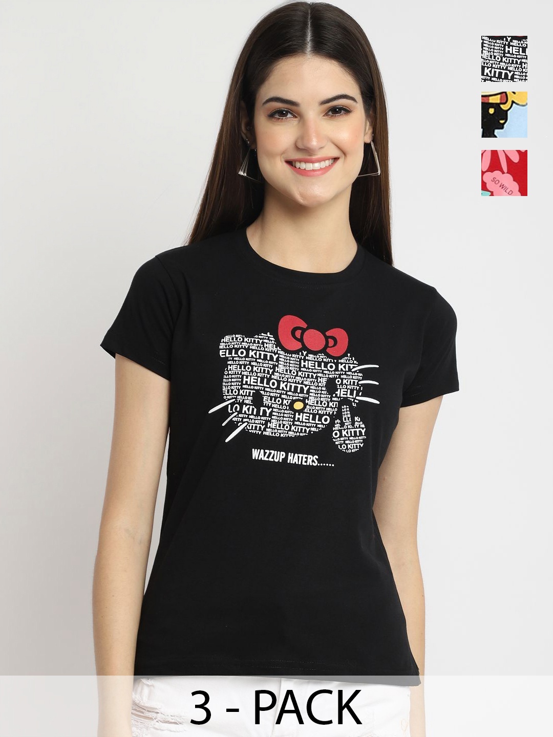 

Dreambe Pack Of 3 Typography Printed Cotton T-shirt, Black