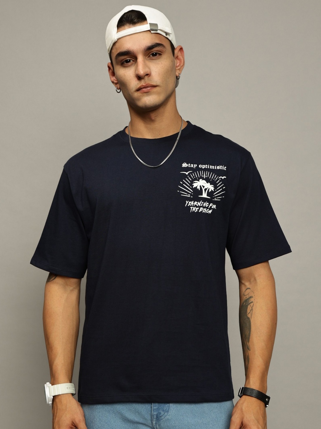 

MORSE CODE Men Graphic Printed Oversized T-shirt, Navy blue