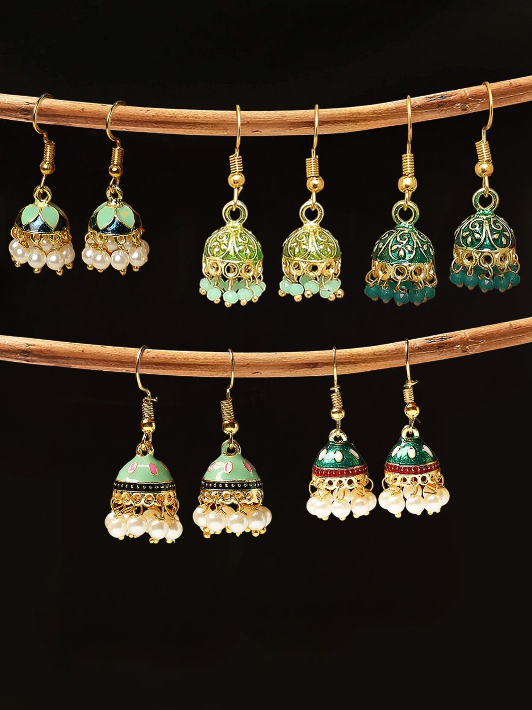 

Anouk Set Of 5 Artificial Beaded Dome Shaped Meenakari Jhumkas, Green