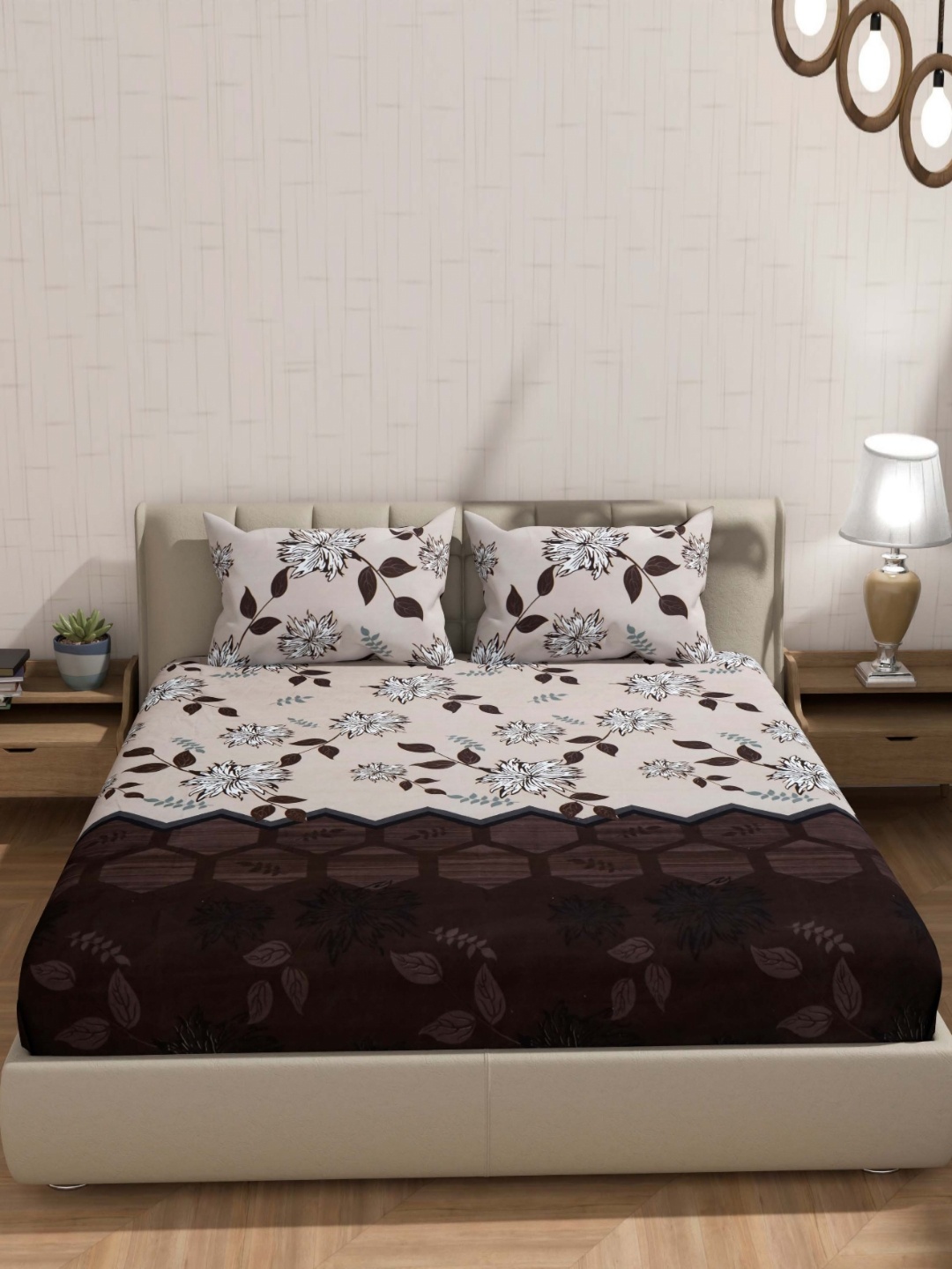 

BLUEDOT Coffee Brown & White Floral Printed Cotton 210TC King Bedsheet Set 1.98 m x 1.82 m