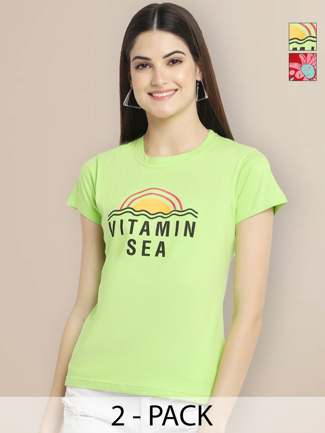 

GLOBAL NOMAD Women Pack of 2 Typography Printed Round Neck Cotton T-shirts, Green