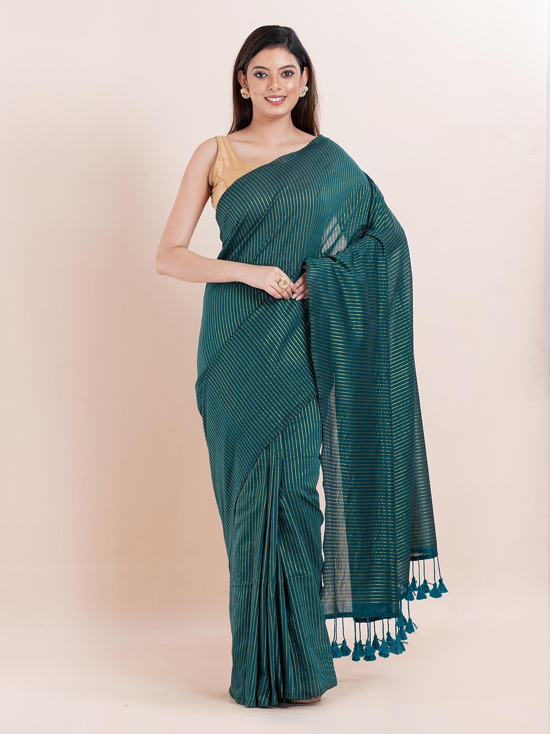 

PUKU Woven Design Striped Saree, Teal
