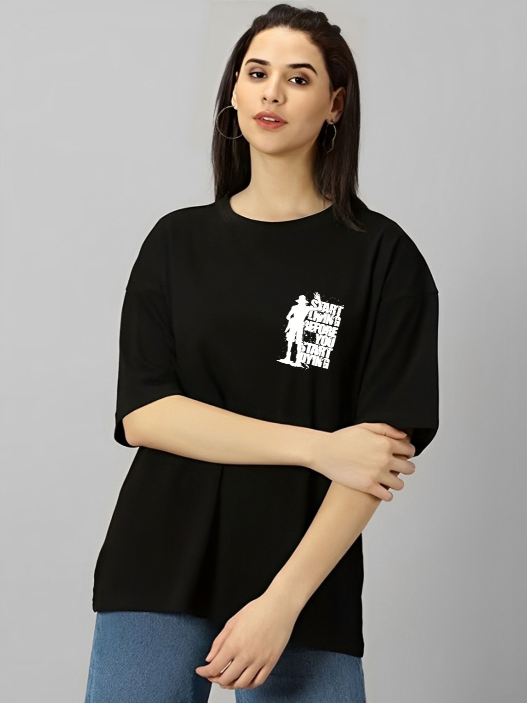 

LECOWAR Women Graphic Printed Round Neck Cotton Oversized T-shirt, Black
